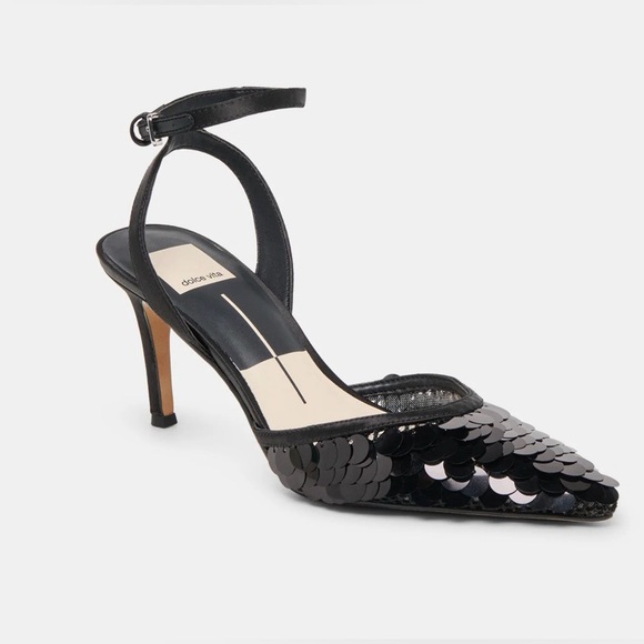 Dolce Vita ELIZA Confetti Heels 8.5 Black Sequin Mesh Stiletto 3”Pumps NWT - Picture 3 of 16